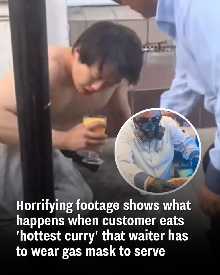 Horrifying footage shows what happens when customer eats ‘hottest curry’ that waiter has to wear gas mask to serve